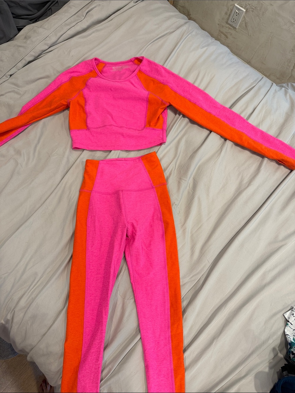 Beyond Yoga Pink & Orange Set - Cropped Long Sleeve & High-Waist Leggings